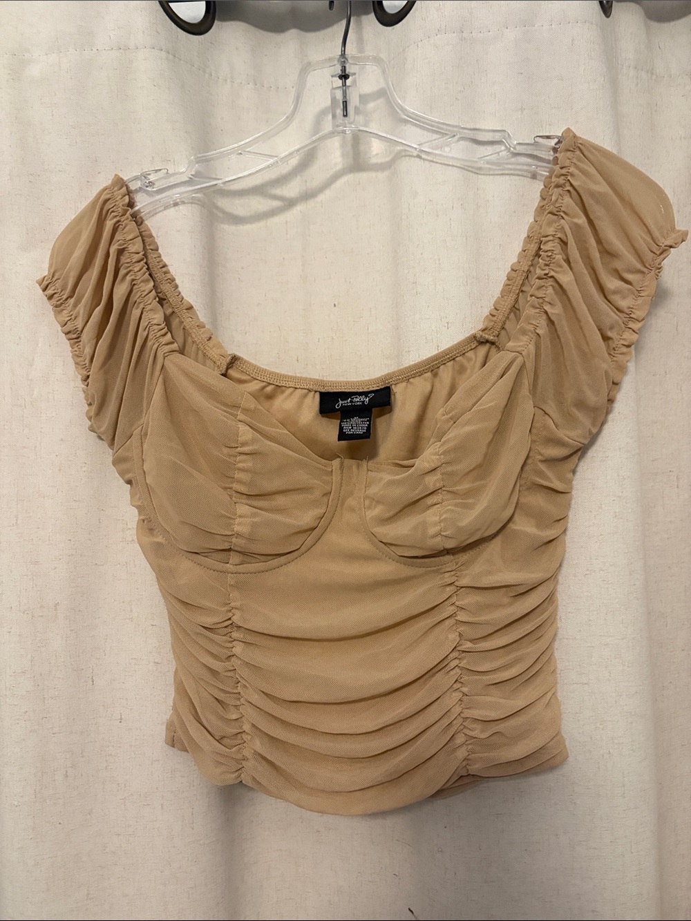Ruched Square-Neck Crop Top in Beige